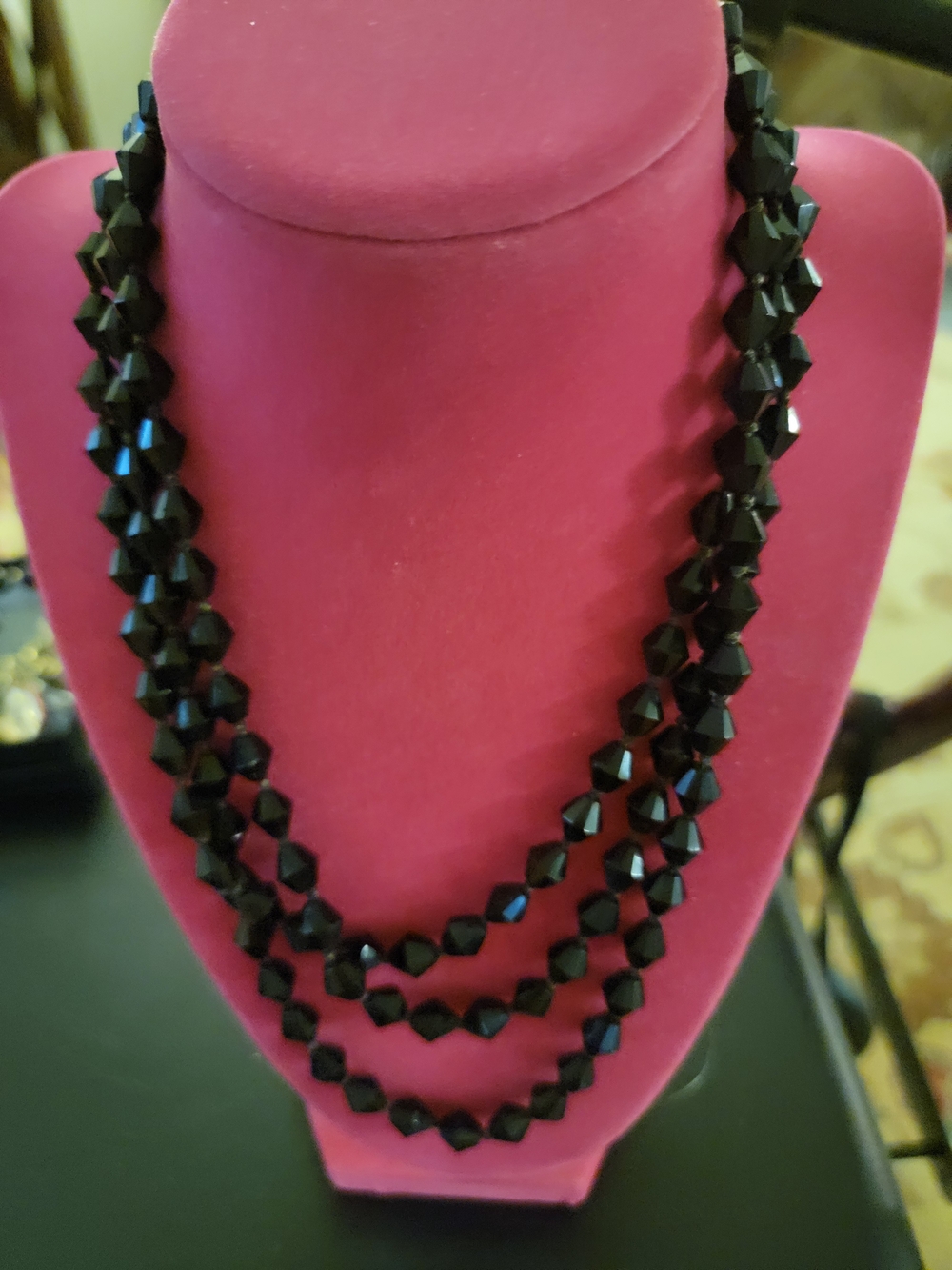 Vintage Triple-Strand Faceted Black Bead Necklace